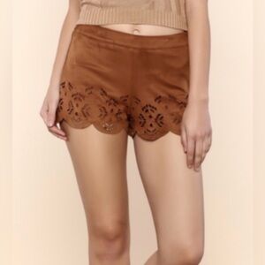 May & July Women's Brown Faux Suede Scalloped Laser Cut Shorts S